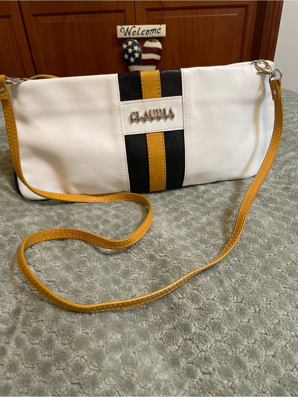 CLAUDIA White Leather Crossbody with Mustard & Black Stripe